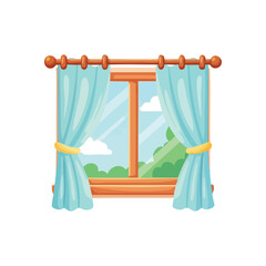 (Open Window Nature View. Cozy residential outlook showing bright blue skies, white cumulus, and green foliage. This artwork symbolizes new beginnings and calm.)