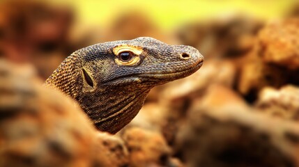 Obraz premium Close-up view of a Komodo dragon among rocky terrain, showcasing its textured skin and alert expression