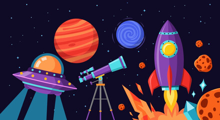 Vibrant cartoon space scene with rocket, UFO, telescope, planets, and stars ignites imagination for cosmic adventures and scientific exploration