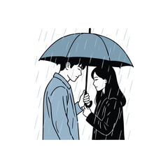 (Romantic Pair Under Rain Umbrella. Illustrative scene of a loving couple finding shelter. This artwork symbolizes protection, mutual support, and enduring affection through life's storms.)