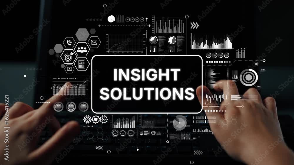 Poster hands on keyboard with digital graphics displaying insight solutions and analytical data visualizati
