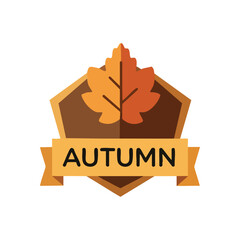 (Autumn Leaf Season Emblem. Stylized foliage icon on a brown shield with a banner. Represents the beautiful seasonal period of change, warmth, and natural beauty.)