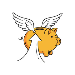 (Money Savings Taking Flight. A winged piggy bank with an upward arrow illustrates rapid wealth accumulation and investment success. Symbolizes fast financial progress.)