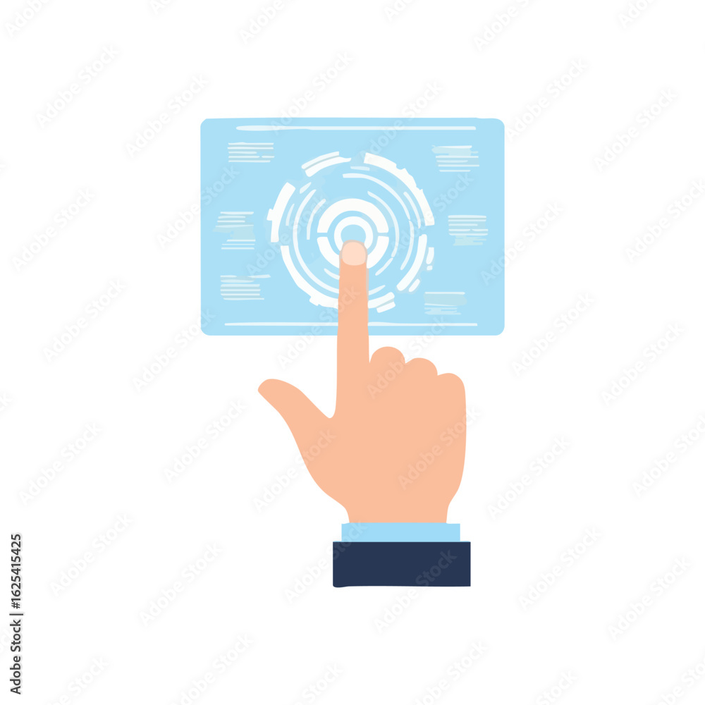 Poster (hand touching futuristic digital screen. user engages with an innovative transparent display. this 