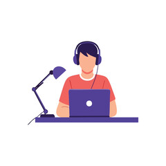 Fototapeta premium (Focused Digital Worker. A person wearing headphones intently uses a portable computer at a desk with a lamp, symbolizing modern connectivity and remote productivity.)