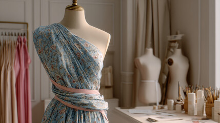 Mannequin draped in floral fabric dress in a fashion design studio with dress forms and tools in the background