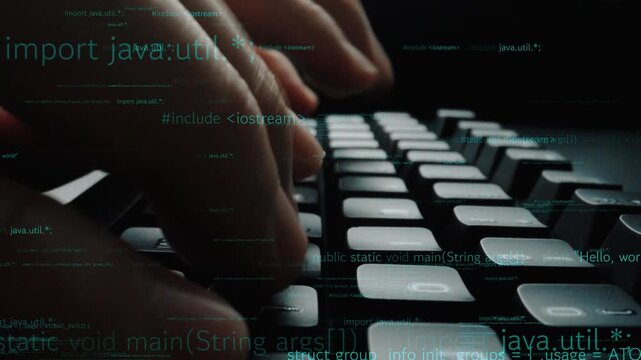 Close-up view of hands typing on a keyboard amidst digital code, showcasing a modern workspace focused on programming and technology concepts in action. Xenic