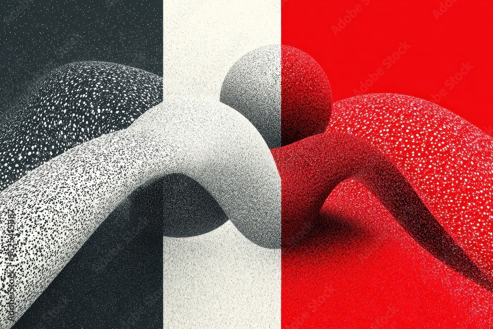 Poster abstract composition featuring black, white, and red textured forms resembling interconnected tubes 