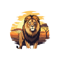 (Majestic Lion African Savanna Sunset. A powerful regal feline stands amidst the golden grassland. This vibrant vector artwork captures the essence of wild nature and embodies strength and dignity.)