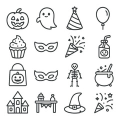 Halloween icon set: pumpkin, ghost, party hat, balloon, cupcake, mask, skeleton, cauldron, witch hat