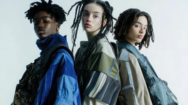 Three people with dreadlocks are standing in a row. One of them is wearing a blue jacket