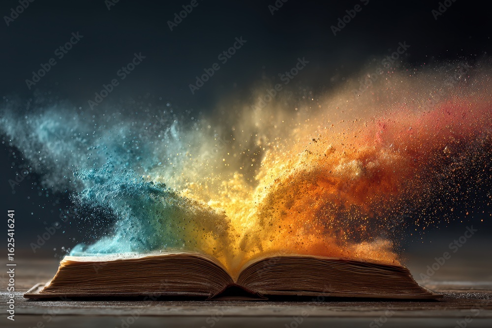Poster old open book has burst of colors exploding from its pages with creativity and knowledge on a wood t