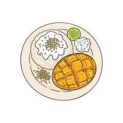 (Thai Mango Sticky Rice Delicacy. A vibrant illustration of a classic Asian sweet. Golden fruit, creamy grains, and a fresh citrus garnish symbolize tropical indulgence and warmth.)