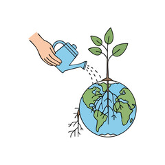 (Nurturing Planet Earth Growth. A hand irrigates a thriving sapling deeply rooted in the world, embodying environmental preservation and a verdant tomorrow.)