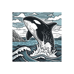 Obraz premium (Majestic Orca Leaping from Ocean. Dynamic artwork featuring a mighty killer whale vaulting from turbulent deep waters. This powerful design symbolizes strength and freedom of marine wildlife.)