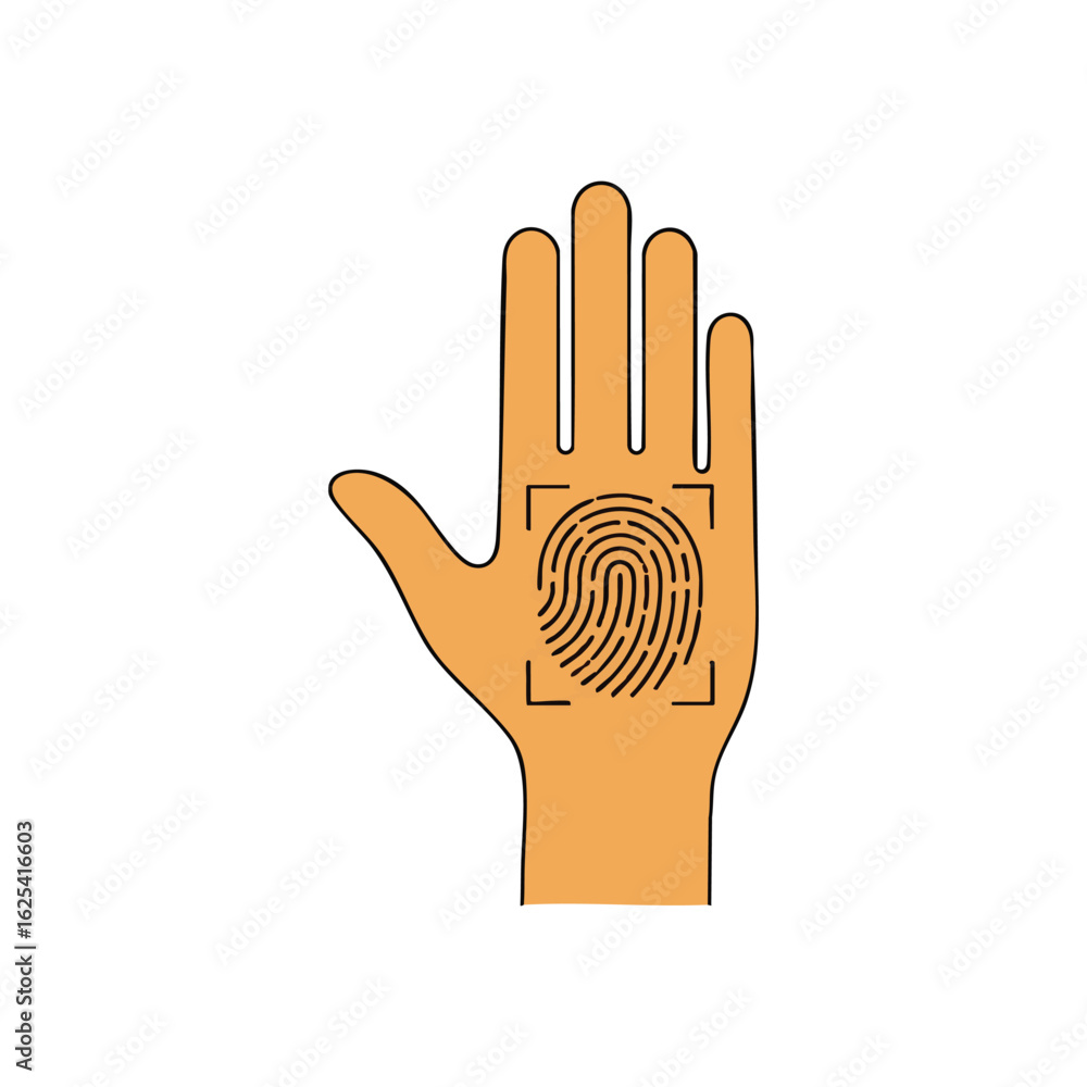 Poster (biometric handprint security. graphic depicting a human palm with a unique finger pattern being sca
