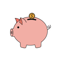 (Pink Piggy Bank Dollar Coin Savings. Cartoon pig moneybox with a gold monetary piece depicts personal finance growth. Ideal for banking, investment, and wealth accumulation.)