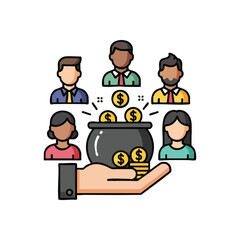 (Community Funding Pot. Illustrates a diverse group pooling financial resources into a central fund. Represents collaboration, investment, and collective growth for mutual gain.)