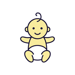 (Adorable Baby Icon with Sweet Smile. Charming infant illustration featuring a yellow-skinned toddler in a diaper. This cheerful graphic represents childhood, new beginnings, and pure joy.)
