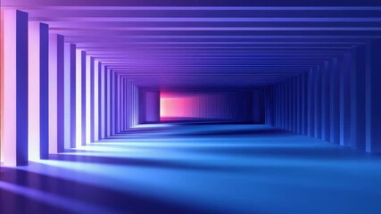 A long blue hallway with purple and orange lights. The walls are made of concrete. There is a doorway in the middle of the hallway - Powered by Adobe