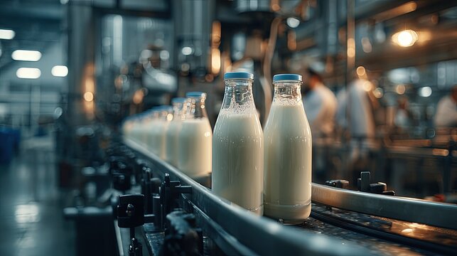 Milk Bottles On Conveyor Belt In Dairy Factory