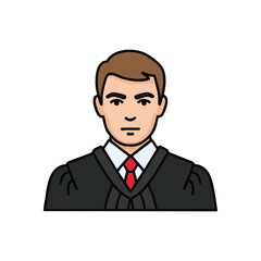 (Male Judge Legal Profession Icon. This colorful illustration features a male court official in his formal attire. It symbolizes authority, fairness, and the legal justice system.)