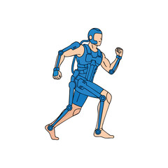 (Futuristic Running Exosuit. Dynamic illustration of an individual wearing an advanced robotic suit, symbolizing enhanced human performance and bionic innovation.)