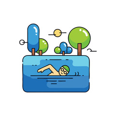 (Joyful Swimmer Outdoor Activity. This vibrant vector portrays an individual gracefully engaging in an aquatic sport amidst natural scenery. It symbolizes health, relaxation, and leisure pursuits.)