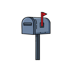 (Classic Mailbox with Upraised Flag. Whimsical digital art of a grey post box, its bright crimson pennant raised. This evokes new messages, delivery, and important communication.)