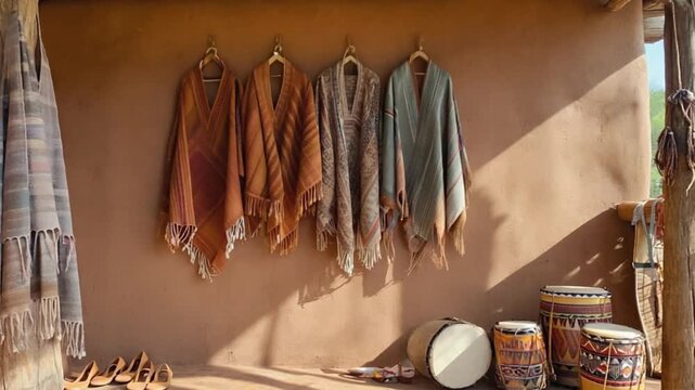 Colorful woven ponchos hanging on a wall in a rustic setting with traditional drums nearby