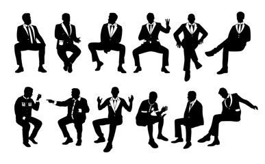 Large male group of bachelors, men in suits and ties, black silhouette of people