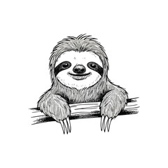 (Charming Sloth Embracing a Branch. A delightful grayscale rendition of a forest dweller, showcasing its gentle smile while gripping foliage. This art conveys calmness and leisure.)