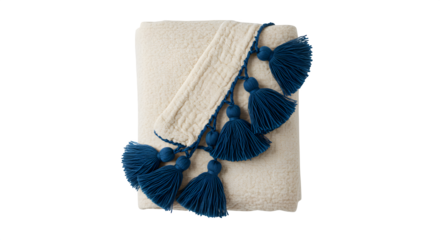 Beige textured sherpa throw blanket with blue tassel trim. Ideal for home decor, product display, lifestyle advertising.