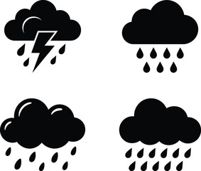 Collection of four distinct weather icons featuring stormy clouds with rain and lightning in a clean silhouette style