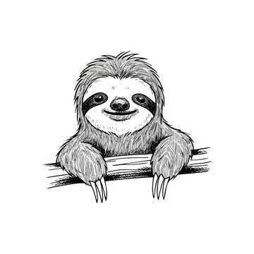 (Charming Sloth Embracing a Branch. A delightful grayscale rendition of a forest dweller, showcasing its gentle smile while gripping foliage. This art conveys calmness and leisure.)