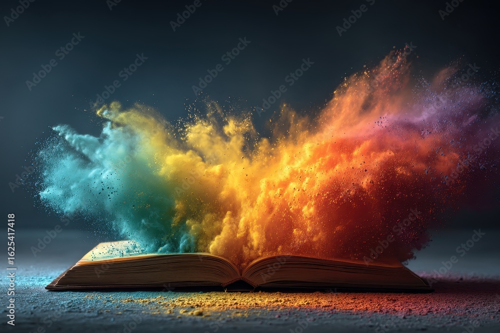 Poster old open book has burst of colors exploding from its pages with creativity and knowledge on a wood t