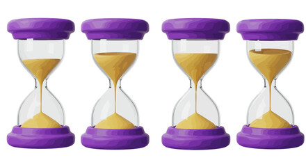 Four modern purple hourglasses showcasing the dynamic flow of golden sand, symbolizing progress, deadlines, and the precious nature of time