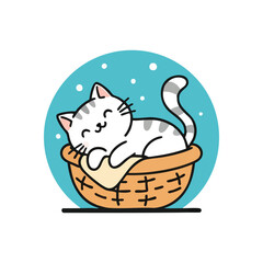 (Adorable Kitty Napping Peacefully. A delightful tabby kitten finds blissful rest in a snug woven hamper. This lovely vector portrays tranquility and contentment.)