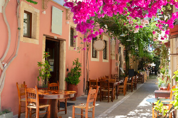 cosy street of Rethymno old town, Crete, Greece, retro toned
