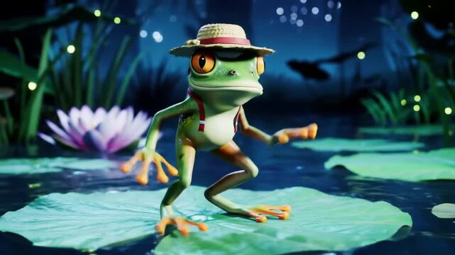 A cartoon frog wearing a hat dances on a lily pad in a serene pond at night with fireflies.