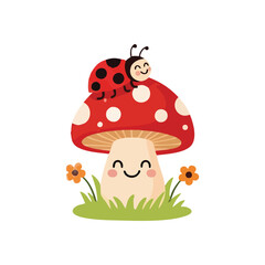 (Happy Ladybug on Cheerful Mushroom. A delightful insect rests on a joyous fungus amidst verdant foliage and vibrant blooms. This charming scene embodies friendship and peace.)