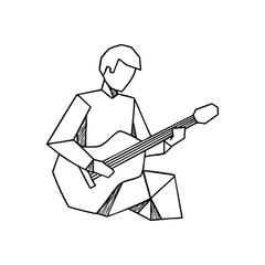 (Geometric Guitarist Illustration. Stylized figure engaging with a stringed instrument, showcasing musical passion. This black and white abstract artwork evokes creativity and artistic expression.)