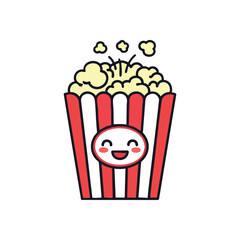 (Happy Cartoon Popcorn Box. This adorable graphic depicts a joyful bucket of fluffy corn, brimming with positive vibes and ideal for any celebratory or film related project.)