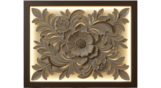 Brown flower relief sculpture framed with warm lighting showcases texture for elegant backgrounds, website banners, or interior design projects.