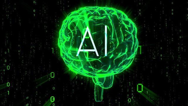 Rotating brain, matrix style binary code in background - AI, artificial intelligence concept - 3D 4k animation (3840 x 2160 px)