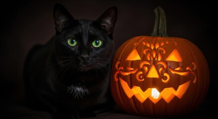 A Black Cat Sits Beside a Carved Pumpkin, Glowing with a Warm Light, Embodying the Spirit of Halloween and Cozy Autumn Nights