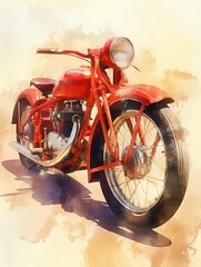 Fototapeta premium A vibrant red motorcycle stands prominently in the foreground under bright sunlight. The artistic watercolor background enhances its classic design, evoking nostalgia and charm.