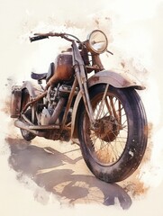 Classic motorcycle stands proudly on an unpaved road, its weathered surface and muted colors highlighting its vintage appeal.