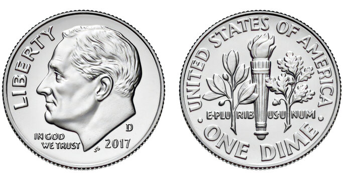 US dime coin featuring Franklin D. Roosevelt on transparent background
