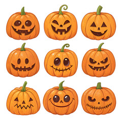 Halloween Pumpkin Assortment: An array of grinning Jack-o'-Lanterns, each with its own unique expression, ready to bring joy and spooky flair to any Halloween celebration. 